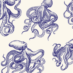 Sea octopus Seamless pattern. Engraved hand drawn in old sketch, vintage creature. Nautical or marine, monster. Animal in the ocean. Template for logos, labels and emblems. © artbalitskiy