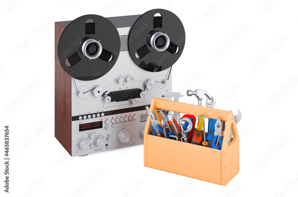 Poster tape recorder with toolbox. repair and service of retro reel-to-reel tape recorder, 3d rendering
