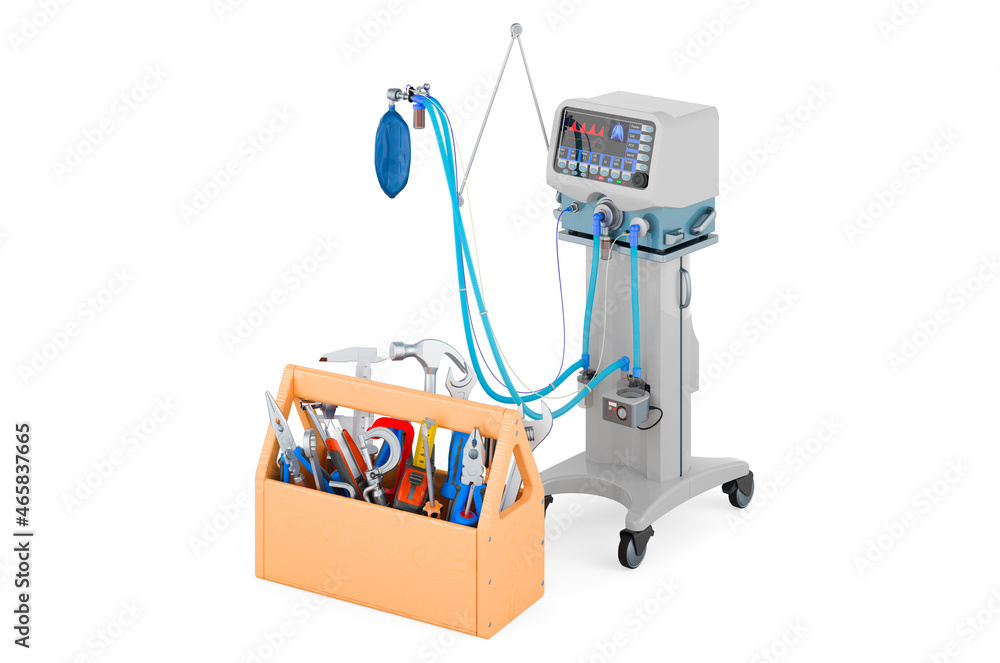 Wall mural medical ventilator icu with toolbox. service and repair of medical ventilator, 3d rendering