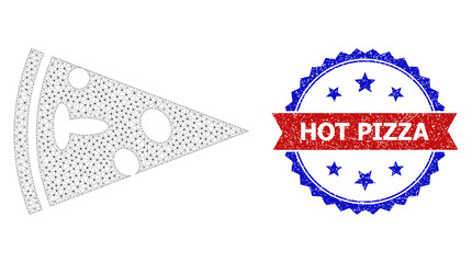 Hot Pizza textured seal, and pizza piece icon mesh model. Red and blue bicolor stamp contains Hot Pizza caption inside ribbon and rosette. Abstract flat mesh pizza piece, designed with flat mesh.