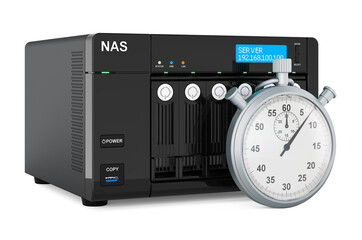 Obraz premium Stopwatch with NAS network-attached storage, 3D rendering