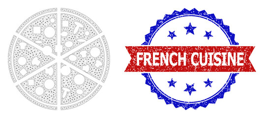 French Cuisine scratched stamp, and pizza portions icon mesh structure. Red and blue bicolored stamp seal contains French Cuisine caption inside ribbon and rosette. Abstract flat mesh pizza portions,