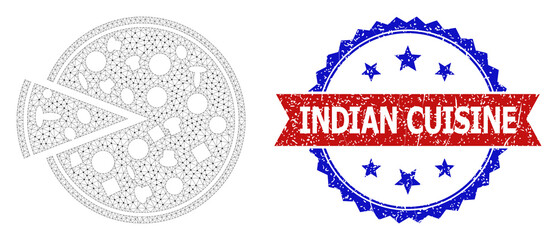 Indian Cuisine unclean seal, and pizza with piece icon mesh model. Red and blue bicolored seal contains Indian Cuisine title inside ribbon and rosette. Abstract flat mesh pizza with piece,