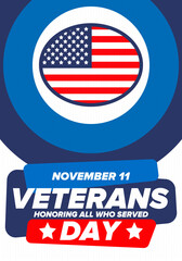 Veterans Day in United States. Federal holiday, celebrated annual in November 11. Honoring all who served. Patriotic american military concept. Poster, card, banner and background. Vector illustration