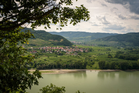 Panoramic view of Rossatz-Arnsdorf town along the Danube river from the medieval castle of Dürnstein, Wachau Valley, Lower Austria