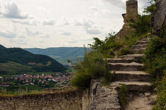 Panoramic view of Rossatz-Arnsdorf town along the Danube river from the medieval castle of Dürnstein, Wachau Valley, Lower Austria