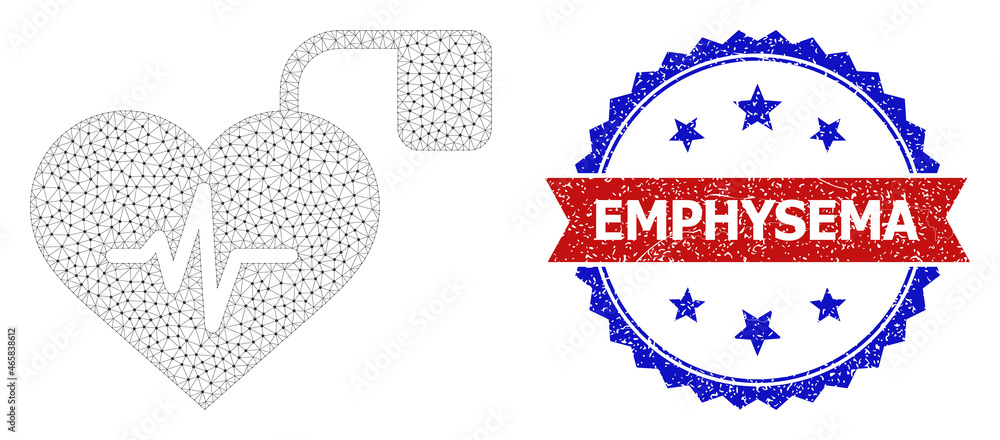 Aufkleber emphysema corroded stamp seal, and pulse pacemaker icon mesh model. red and blue bicolored stamp con