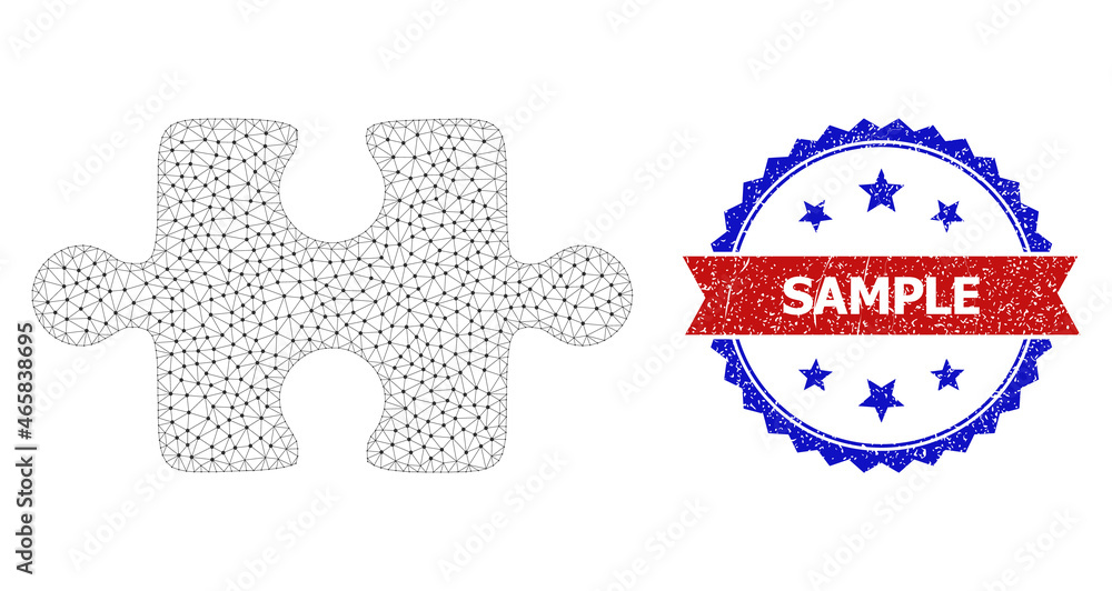 Poster sample corroded watermark, and puzzle item icon mesh structure. red and blue bicolor stamp contains 