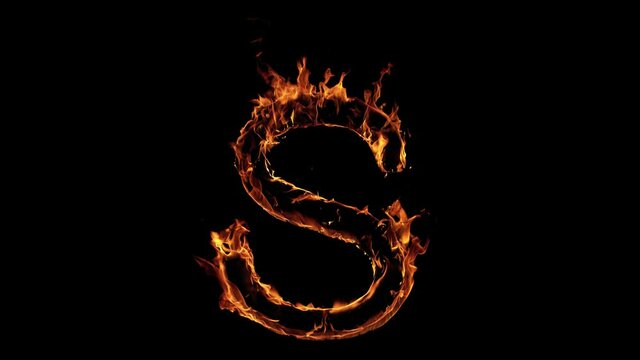 S - Single Letter of Fire Flames Alphabet on Black Background. Super Slow Motion, 1000 fps.