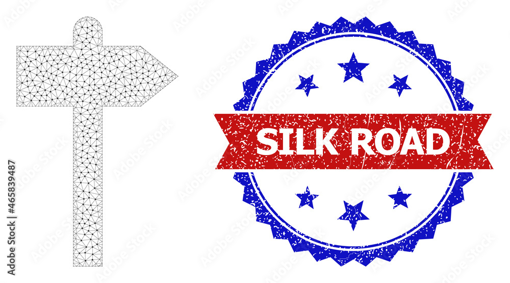 Poster silk road scratched stamp seal, and road pointer icon triangular model. red and blue bicolored stamp