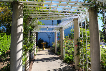 a white wooden awning in the garden covered with lush green plants and colorful flowers with stone...