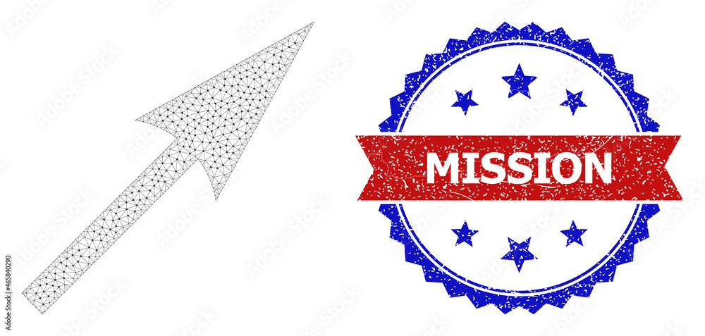 Poster mission corroded stamp seal, and sharp arrow icon mesh structure. red and blue bicolor stamp seal ha