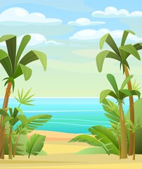 Cozy tropical beach with palm trees. Sand and sea horizon. Cartoon flat style. Beautiful summer landscape. Vector.