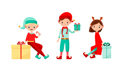 A set of cute Christmas elfs with gifts on a white background. Flat design.