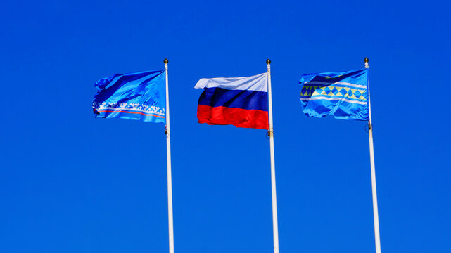 blue sky, three flags - russia, Purovsky district, Yamalo-Nenets Autonomous Okrug