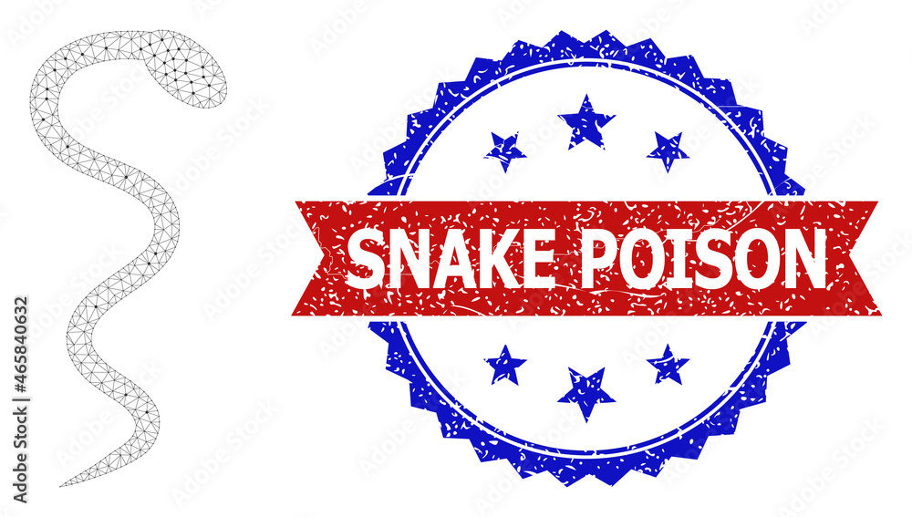 Poster snake poison grunge seal imitation, and snake icon mesh model. red and blue bicolored stamp seal has