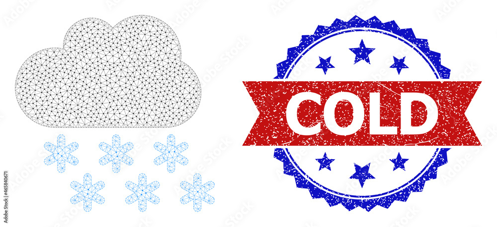 Poster cold scratched stamp, and snow cloud icon polygonal model. red and blue bicolored stamp contains col