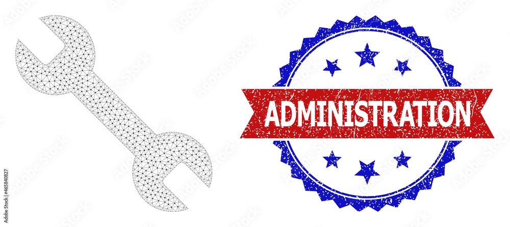 Poster administration grunge seal, and spanner icon triangular structure. red and blue bicolor seal has adm