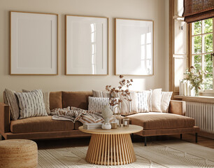 Poster frame mock-up in home interior background, living room in beige and brown colors,3d render