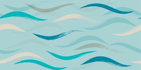 Fototapeta na wymiar Seamless Wave Pattern, Hand drawn water sea vector background. Watercolor wavy beach brush stroke, curly grunge paint lines, modern design