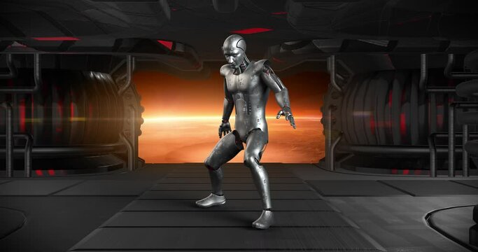 Warrior Bionic Robot Making Karate Moves In Spaceship. Ready For Fight. Technology And Space Related 3D Animation.