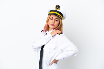 Airplane pilot over isolated white background suffering from pain in shoulder for having made an effort