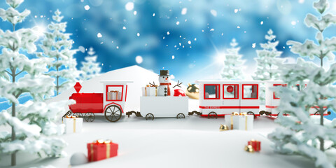 Christmas composition on a white background. Gift boxes, snowman  and Christmas tree. 3d render