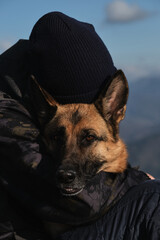 Travel with German shepherd and owner. Hugging best friend in nature. Man in hat and jacket sits on top of mountain next to his dog and enjoys scenery at sunset.