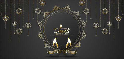 Happy Diwali - festival of lights colorful banner template design with decorative diya lamp.