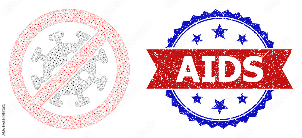 Poster aids scratched seal, and stop virus icon triangular model. red and blue bicolored stamp seal include