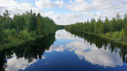 landscape with river, forest, blue sky, summer, taiga, tundra