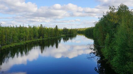 landscape with river, forest, blue sky, summer, taiga, tundra