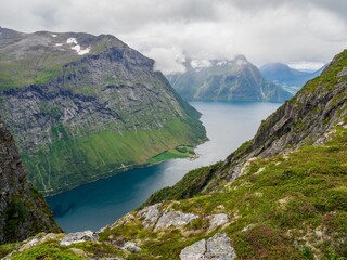 Fototapeta na wymiar Views of Hjørundfjorden from Urke ridge trail (Urkeega), Norway