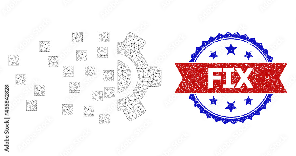 Poster fix textured stamp, and synthesis gear icon polygonal model. red and blue bicolored stamp contains f