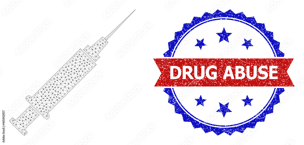 Poster drug abuse grunge seal, and syringe icon mesh structure. red and blue bicolored seal has drug abuse 