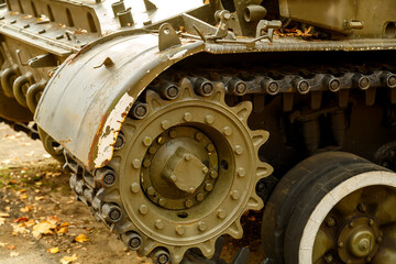 A battle tank track at an exhibition of military equipment.