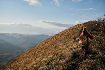 Trekking route in national park. Walk above clouds with backpack and sticks. Female traveler walks along narrow path on top of mountain among tall yellow dry grass.