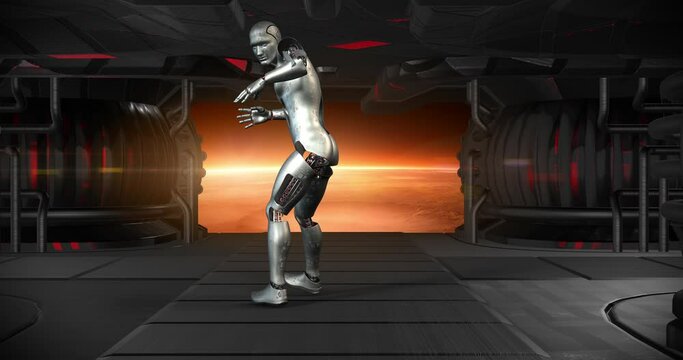 Fighter Bionic Robot Making Karate In A Spaceship. Space Battle. Technology And Space Related 3D Animation.
