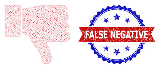 False Negative grunge stamp, and thumb down icon mesh structure. Red and blue bicolor stamp seal contains False Negative text inside ribbon and rosette. Abstract flat mesh thumb down,