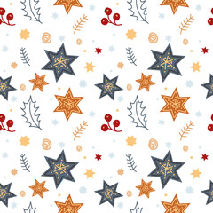 Minimalistic christmas seamless pattern, vector hand drawn pattern. Christmas trays, gingerbread, berries, holly, fir branches in illustration for wrapping paper, textile, decorations.