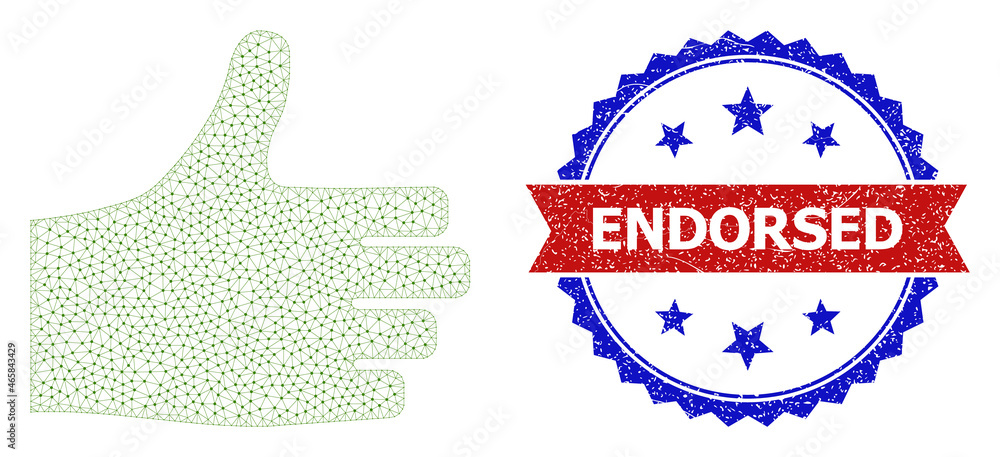 Poster endorsed unclean seal imitation, and thumb up icon net structure. red and blue bicolored stamp conta