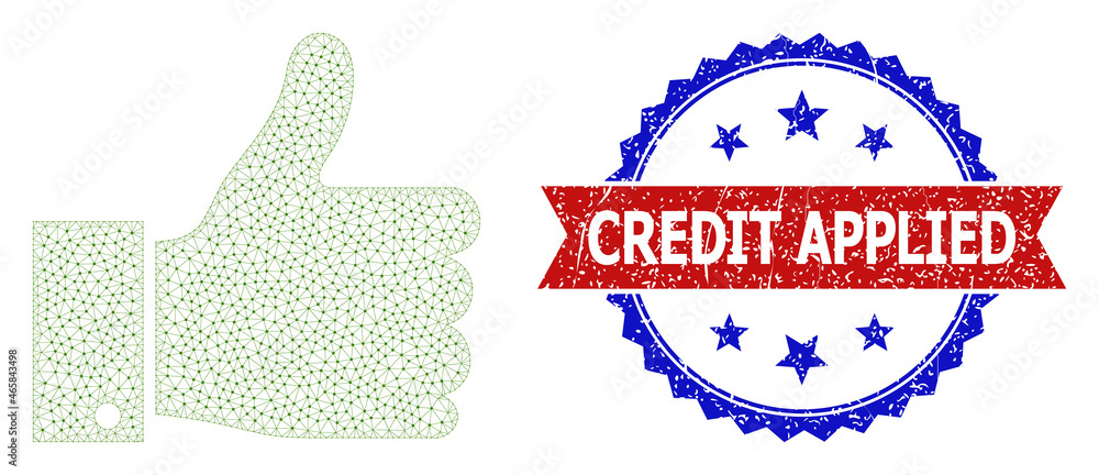 Poster credit applied corroded badge, and thumb up icon mesh structure. red and blue bicolor stamp contains