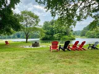 Black and red adirondack chairs near Abbott Lake in the Peaks of Otter area of the Blue Ridge...