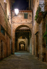 Fototapeta na wymiar Medieval narrow street in Siena at night, Tuscany, Italy. Architecture and landmark of Siena. Cozy cityscape of Siena