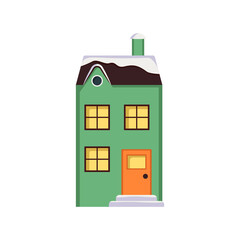 Bright decorative winter house in snow. Merry festive decorations for new year and Christmas. Winter and holidays element