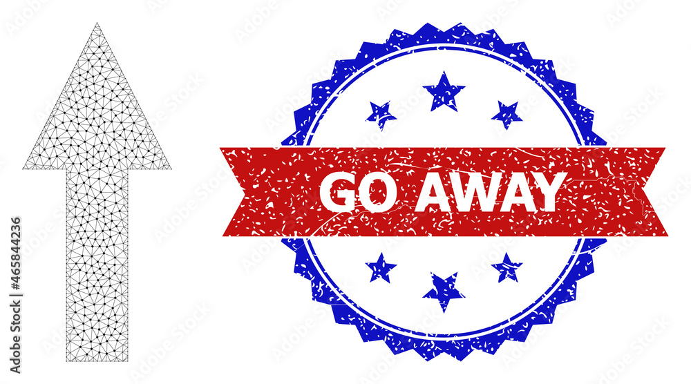 Poster go away scratched watermark, and up arrow icon mesh structure. red and blue bicolored stamp contains