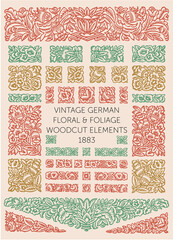 Vintage woodcut Floral design elements for books, invitations, labels, menu design and packaging. Flowers, foliage, fruits and ephemera. From German type foundry Genzsch and Heyse founded in 1833.