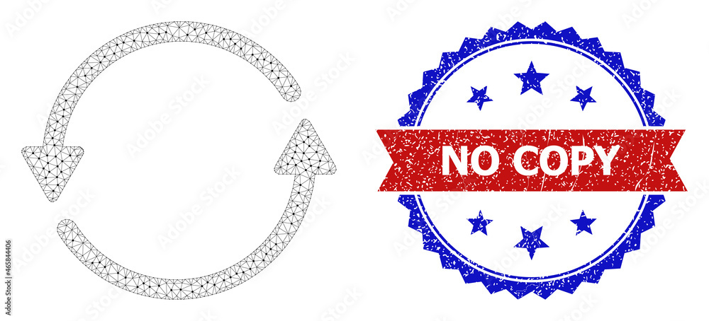 Poster no copy scratched badge, and update arrows icon polygonal structure. red and blue bicolored stamp se