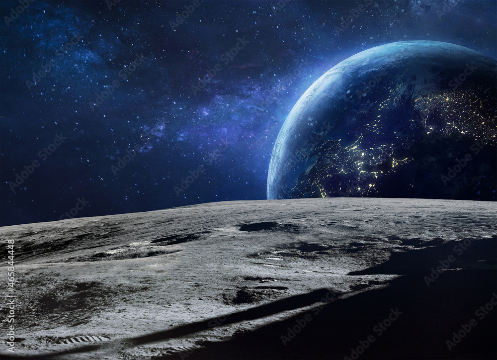Poster Moon surface and blue Earth planet at night in deep space. Artemis program. Apollo program. Cities lights. Elements of this image furnished by NASA