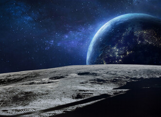 Moon surface and blue Earth planet at night in deep space. Artemis program. Apollo program. Cities...